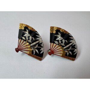 1940s Toshikane Arita Porcelain Fan Earrings Hand Painted Japan Screw Back